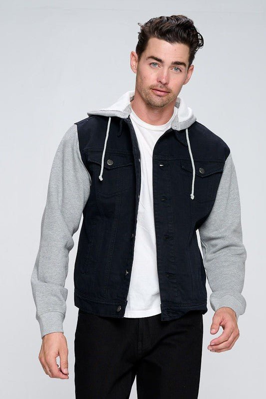 Men's Denim Jacket: Black with Light Gray Fleece Hoodie - #variant_color# - #variant_size# - #variant_option#